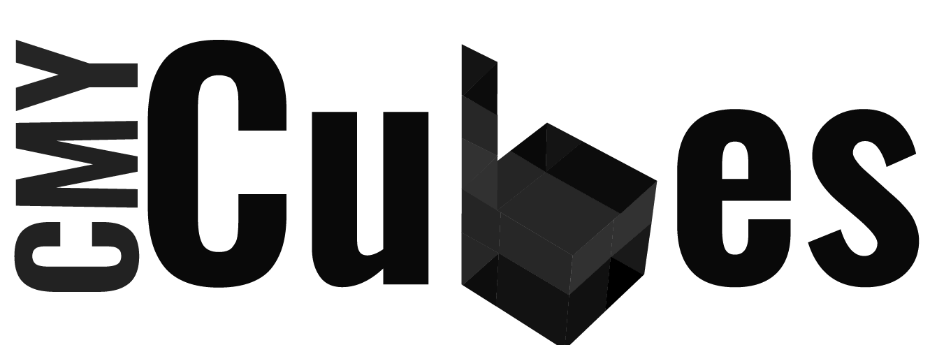 Cmy Cubes Text logo: "cMY Cubes" with the "u" designed to look like a black 3D cube.