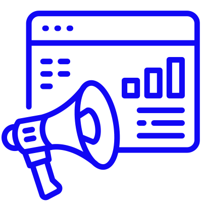 Orange icon of a megaphone in front of a webpage with graphs and text, representing digital marketing.