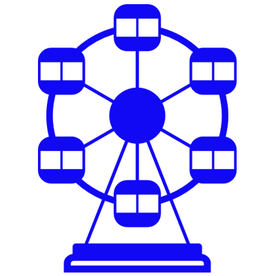 Orange Ferris wheel icon with six cabins on a light gray background.
