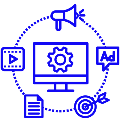 Orange digital marketing icons: computer, megaphone, ad, video, document, and target, connected in a dotted circle.