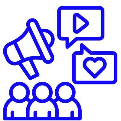 Orange icons of a megaphone, three people, a play button, and a heart in speech bubbles on a light background.
