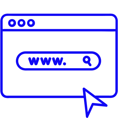 Orange outline of a web browser window with "www." in a search bar and a large arrow cursor.