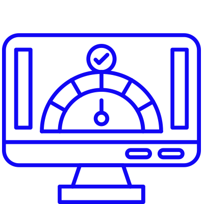 Orange line drawing of a computer monitor displaying a speedometer with a checkmark at the top.