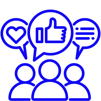 Three people with speech bubbles showing a heart, thumbs up, and lines representing text.