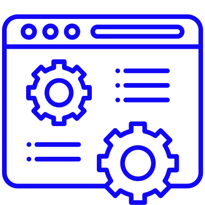 Orange outline of a web browser window with two gears and text lines, symbolizing web settings or development.