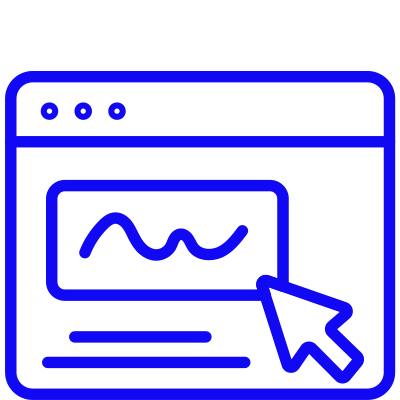Orange outline of a web browser window with a graph and a large arrow cursor pointing at it.