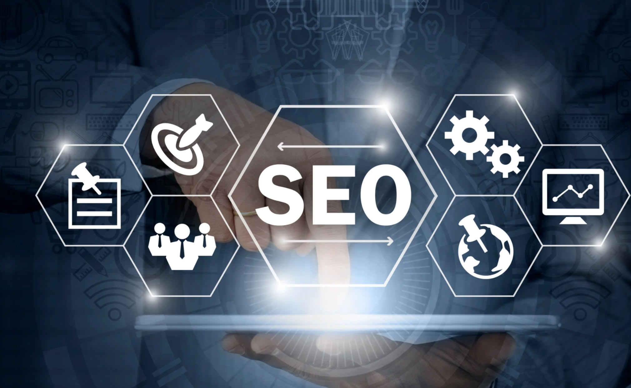 Person touching a virtual screen with "SEO" and related icons, representing digital marketing concepts.